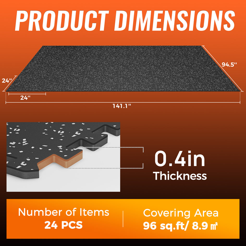 Amadwell 0.4" Thick 96 Sq Ft Gym Flooring for Home Gym，24 Tiles Upgraded Rubber Top with High Density EVA Foam, Interlocking Exercise Equipment Mats, Heavy Weight Workout Mat, Black/Grey