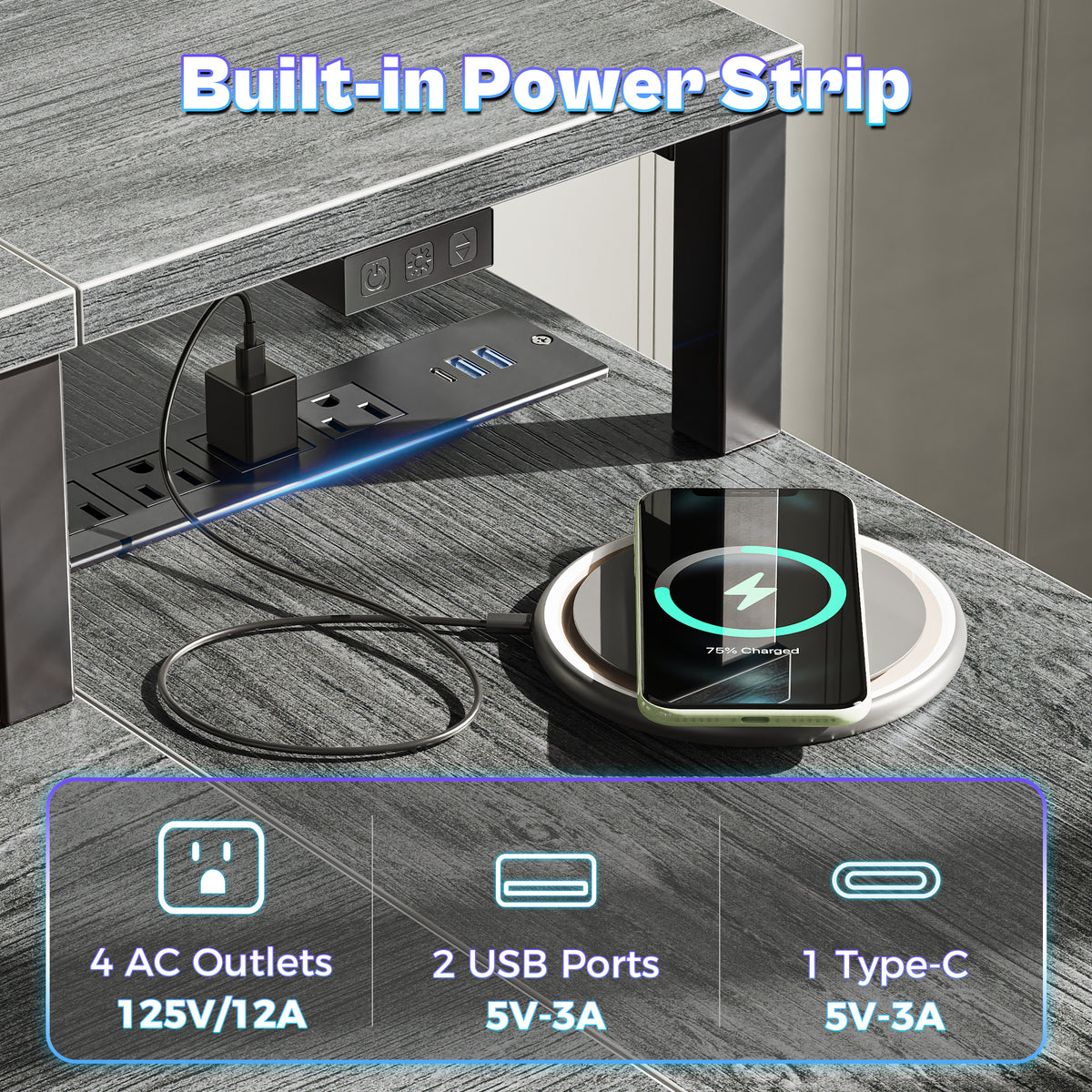 Amadwell 47 Inch L Shaped Desk with LED Strip, Corner Gaming Desk with Power Outlet, Drawer & Shelves, Gray