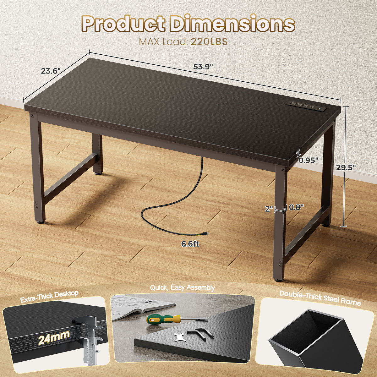Amadwell 54 Inch Desk with Power Outlets, USB-C, 0.95 Inch Thicker Sturdy Computer Desk, Office Desk with Robust Metal Tubes, Work Gaming Desk for Home Office, Black