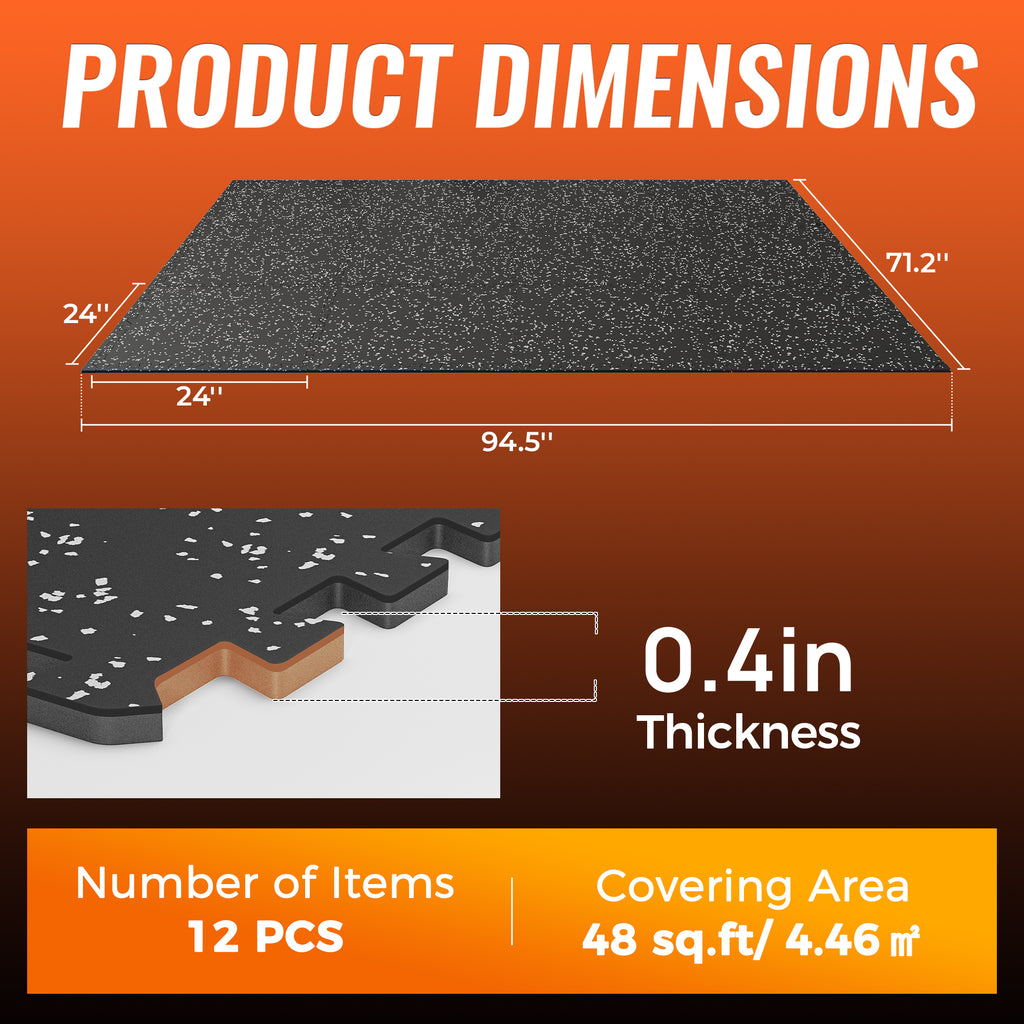 Amadwell 0.4" Thick 48 Sq Ft Gym Flooring for Home Gym，12 Tiles Upgraded Rubber Top with High Density EVA Foam, Interlocking Exercise Equipment Mats, Heavy Weight Workout Mat, Black/Grey