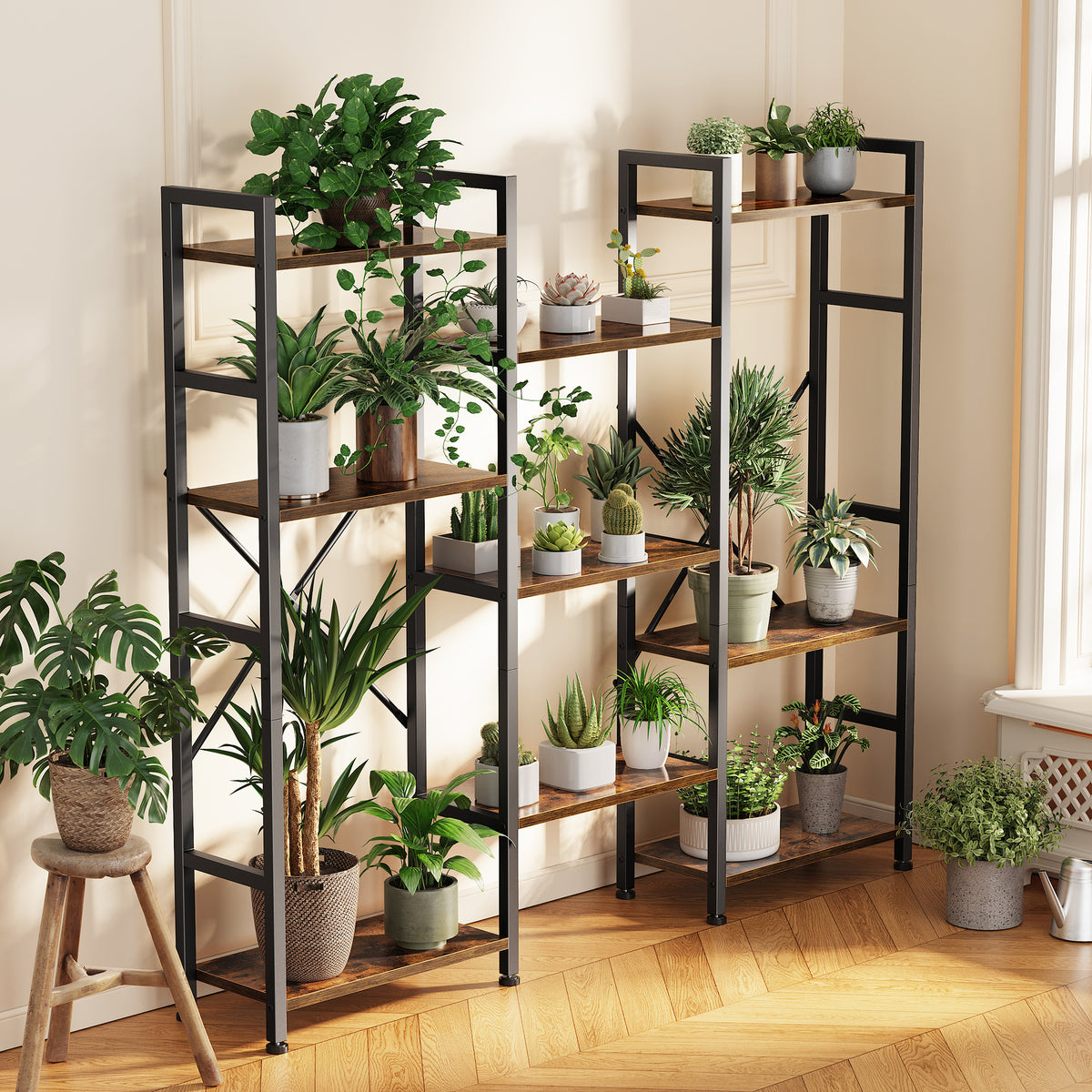 Amadwell 4 Tier Industrial Bookcase, Large Shelf Bookshelf, 11 Units Storage for Living Room, Brown