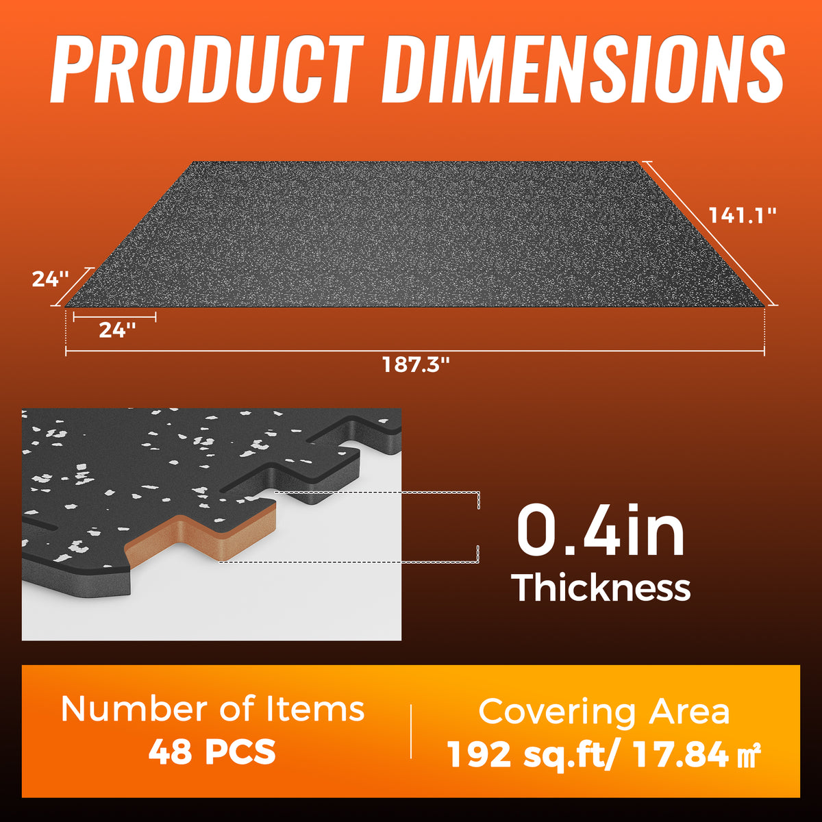 Amadwell 0.4" Thick 192 Sq Ft Gym Flooring for Home Gym, 48Tiles Upgraded Rubber Top with High Density EVA Foam, Interlocking Exercise Equipment Mats, Heavy Weight Workout Mat, Black/Grey