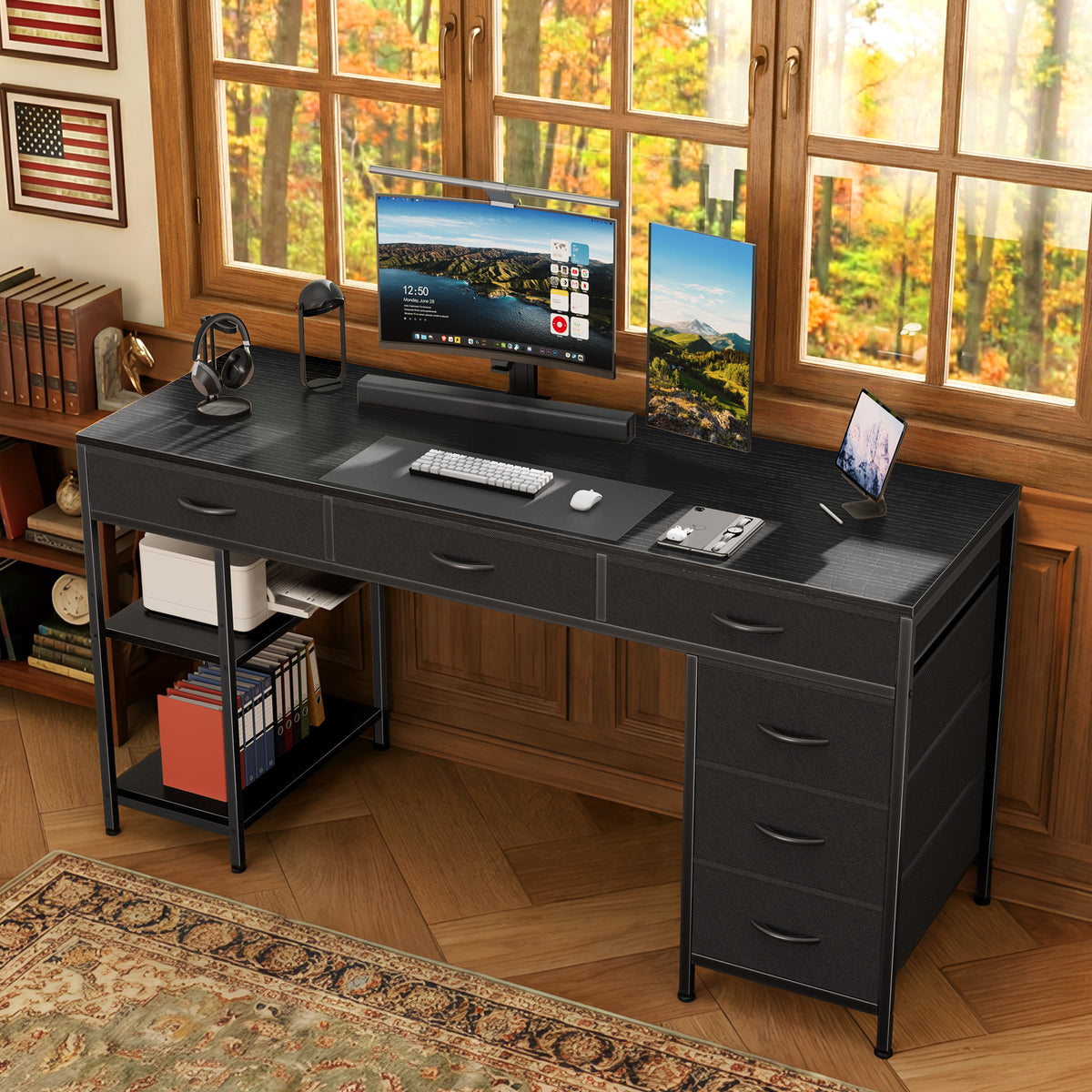 Amadwell 47" Desk with Drawers & Storage, Office Desk with Reversible Shelves, Gaming Computer Desk, Black