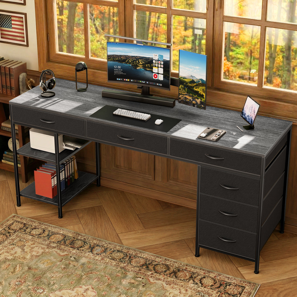 Amadwell 54" Desk with Drawers & Storage, Office Desk with Reversible Shelves, Gaming Computer Desk, Grey