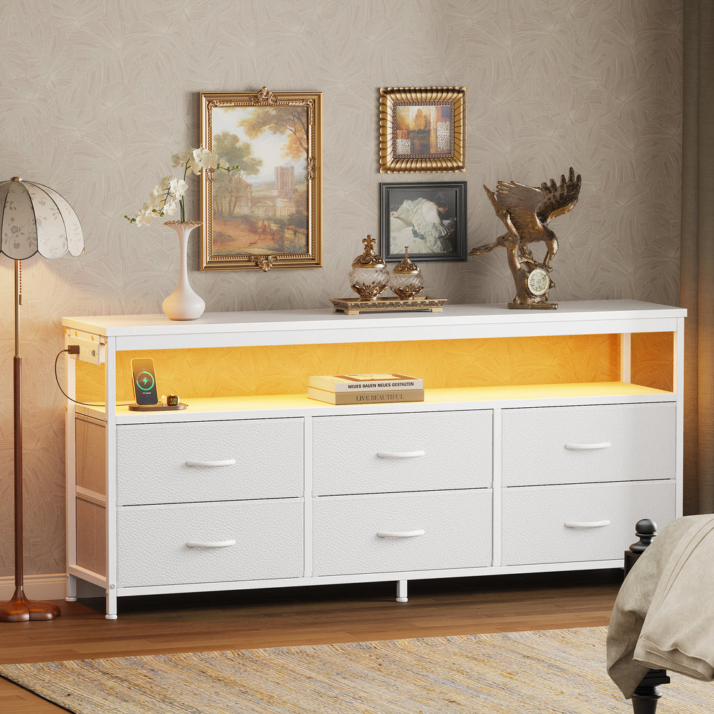 Amadwell 54 Inch LED TV Stand Dresser for 65 Inch TVs, 6 Drawer Entertainment Center with Power Outlets, Media Console with Storage, White