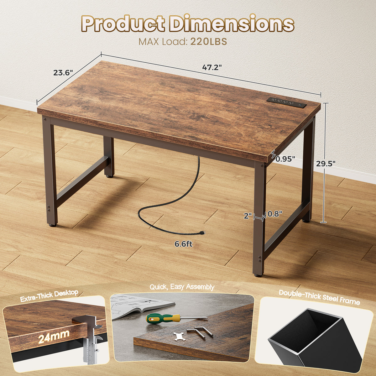 Amadwell 47 Inch Desk with Power Outlets, USB-C, 0.95 Inch Thicker Sturdy Computer Desk, Office Desk with Robust Metal Tubes, Work Gaming Desk for Home Office, Rustic Brown