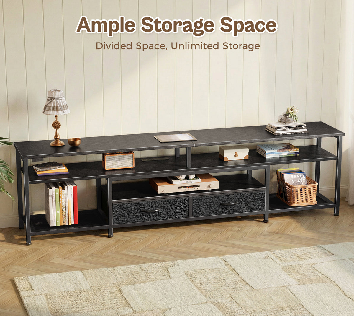 Amadwell 63" LED TV Stand for 75-80 Inch TVs, Entertainment Center with Power Outlets & Drawers, Rustic Brown