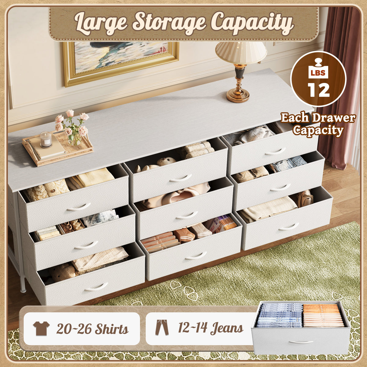 9 Drawer Bedroom Dresser with Storage, 47 Inch TV Stand for 50, 55 Inch TV, Fabric Chest for Closet, White