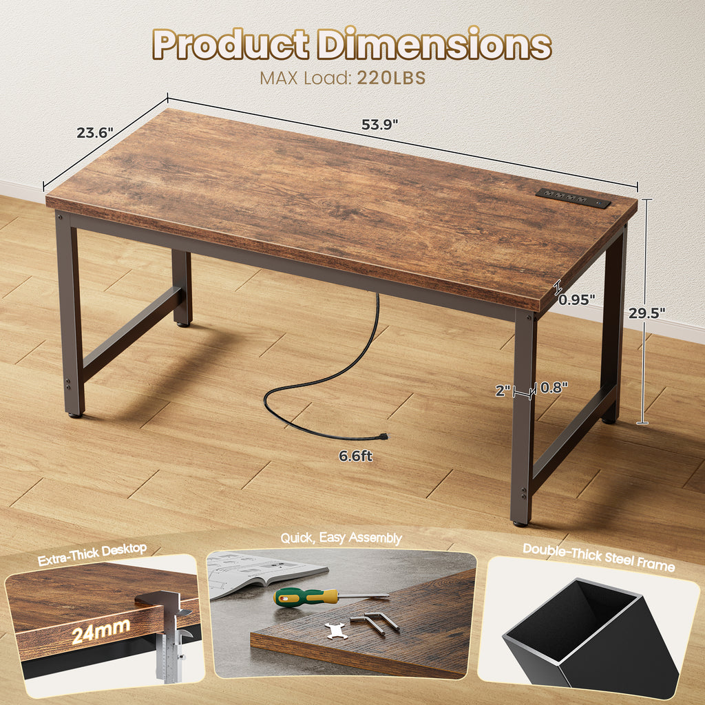 Amadwell 54 Inch Desk with Power Outlets, USB-C, 0.95 Inch Thicker Sturdy Computer Desk, Office Desk with Robust Metal Tubes, Work Gaming Desk for Home Office,Rustic Brown