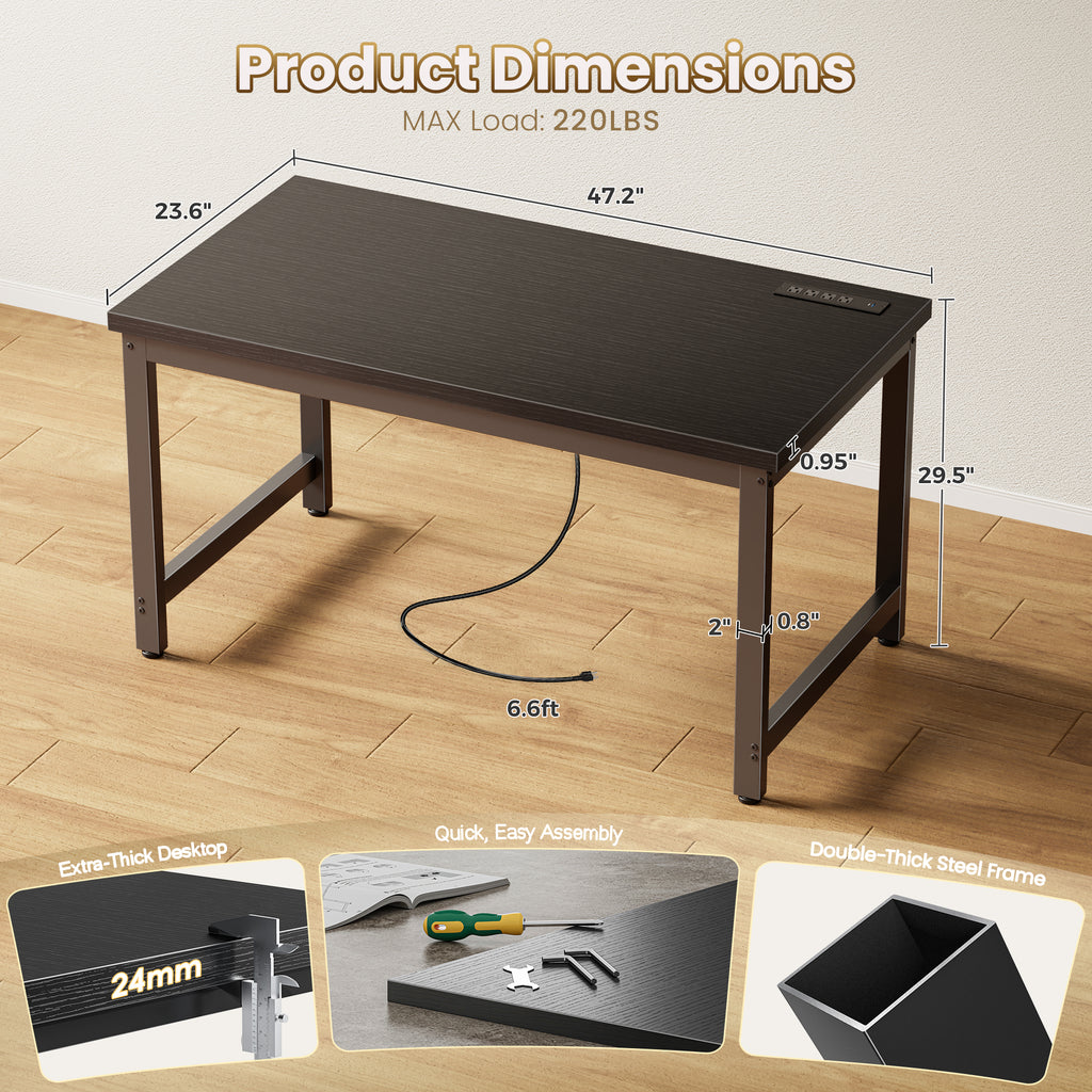 Amadwell 63 Inch Desk with Power Outlets, USB-C, 0.95 Inch Thicker Sturdy Computer Desk, Office Desk with Robust Metal Tubes, Work Gaming Desk for Home Office, Black