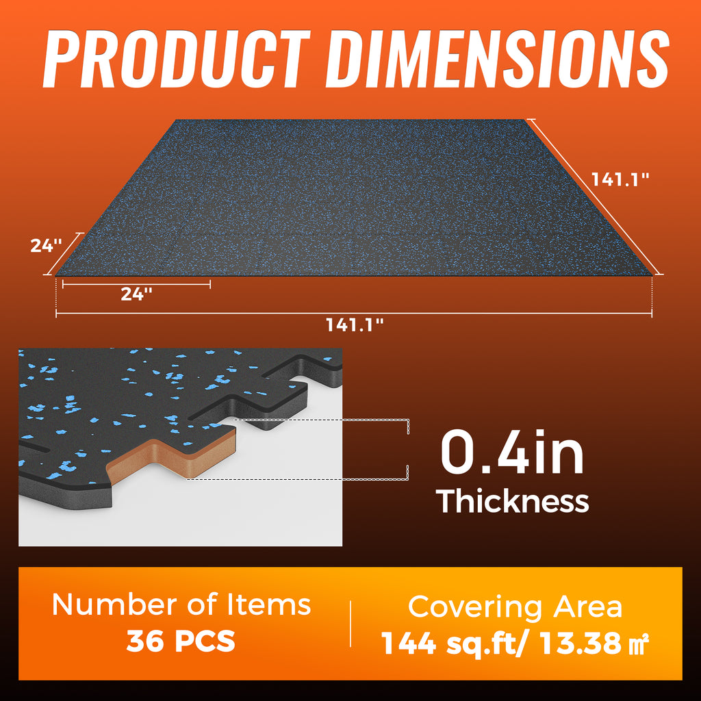 Amadwell 0.4" Thick 144 Sq Ft Gym Flooring for Home Gym, 36 Tiles Upgraded Rubber Top with High Density EVA Foam, Interlocking Exercise Equipment Mats, Heavy Weight Workout Mat, Black/Blue