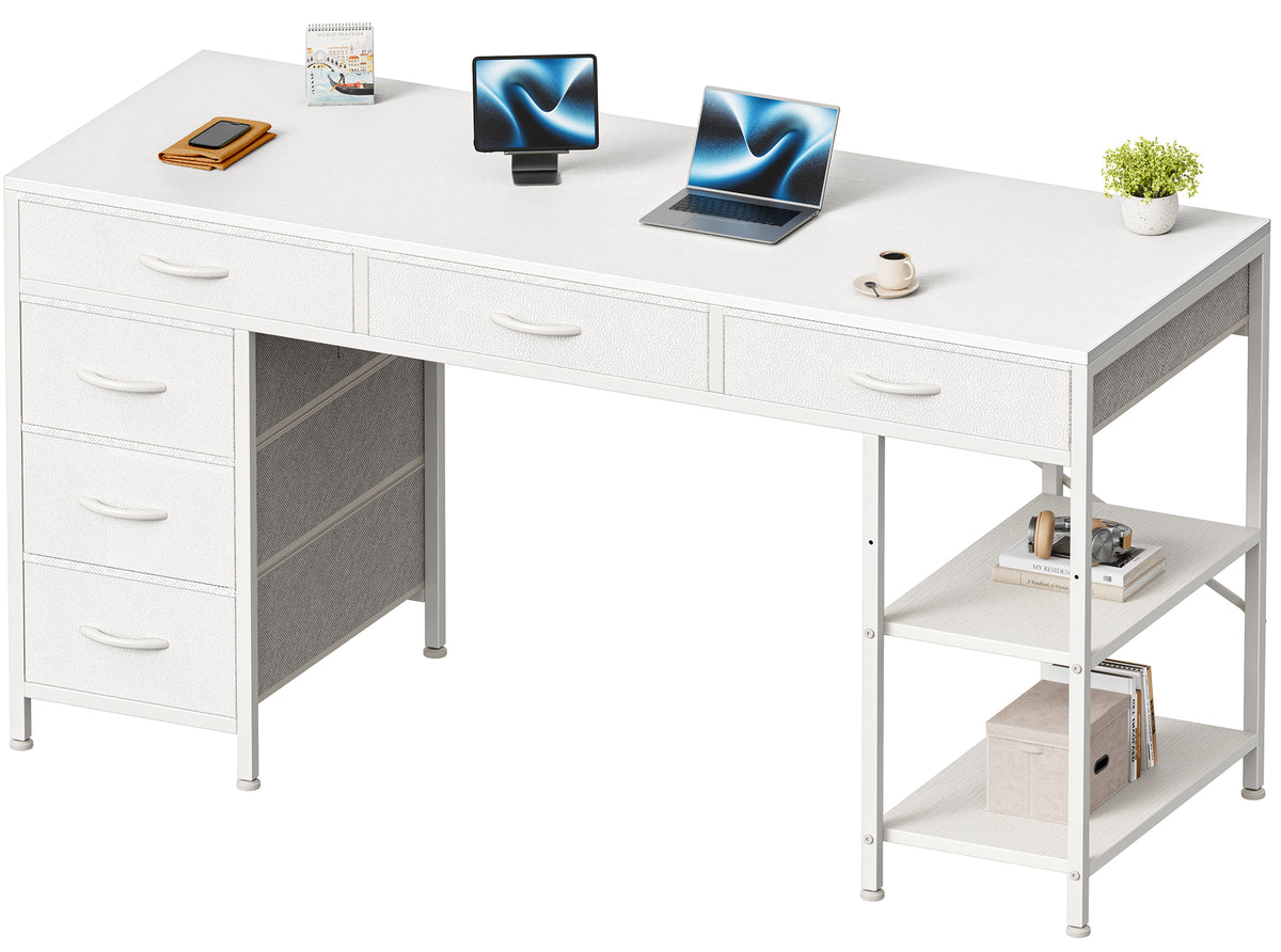 Amadwell 54" Desk with Drawers & Storage, Office Desk with Reversible Shelves, Gaming Computer Desk, White