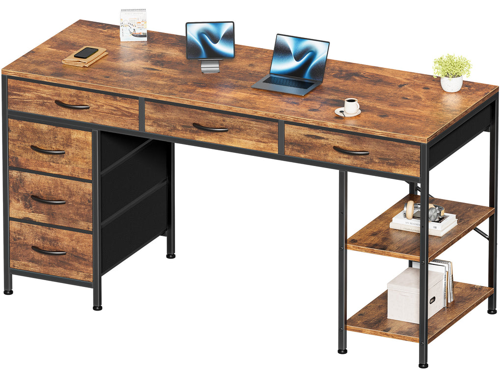 Amadwell 54" Desk with Drawers & Storage, Office Desk with Reversible Shelves, Gaming Computer Desk, Brown