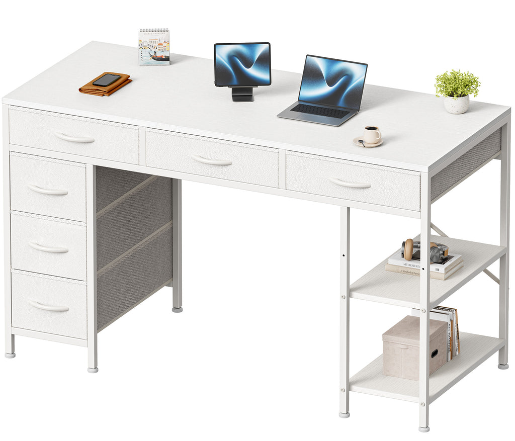 Amadwell 47" Desk with Drawers & Storage, Office Desk with Reversible Shelves, Gaming Computer Desk, White
