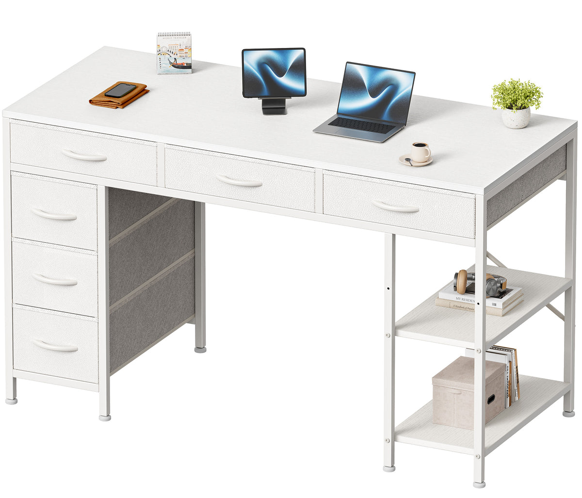 Amadwell 47" Desk with Drawers & Storage, Office Desk with Reversible Shelves, Gaming Computer Desk, White