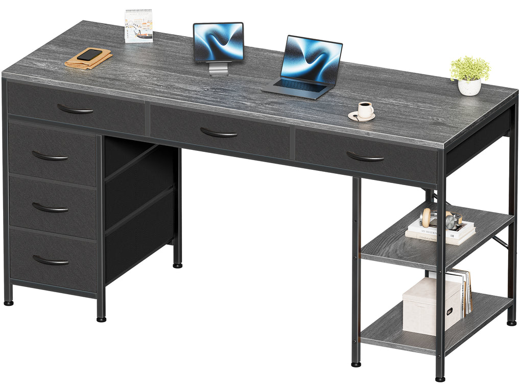 Amadwell 54" Desk with Drawers & Storage, Office Desk with Reversible Shelves, Gaming Computer Desk, Grey