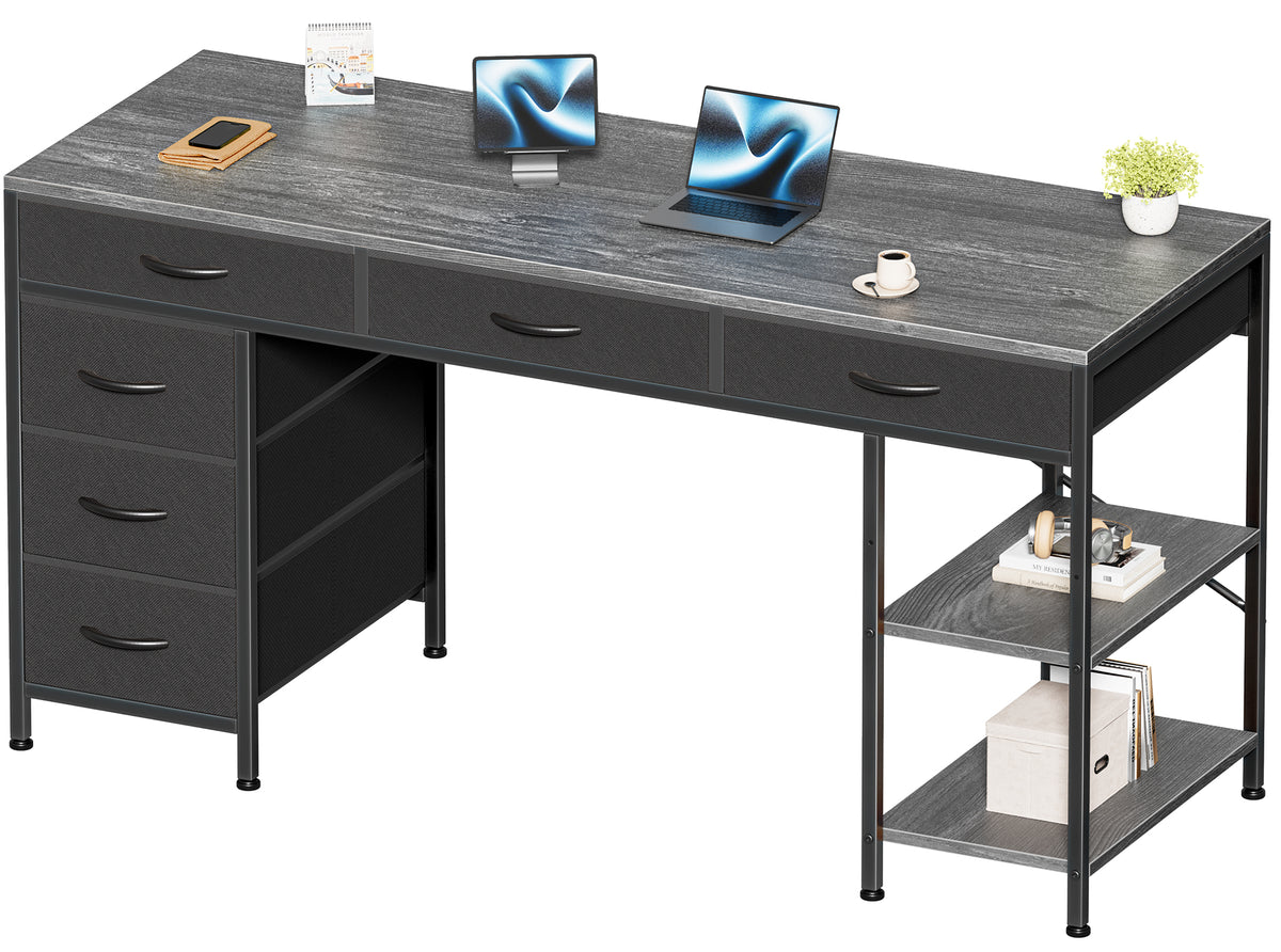 Amadwell 54" Desk with Drawers & Storage, Office Desk with Reversible Shelves, Gaming Computer Desk, Grey