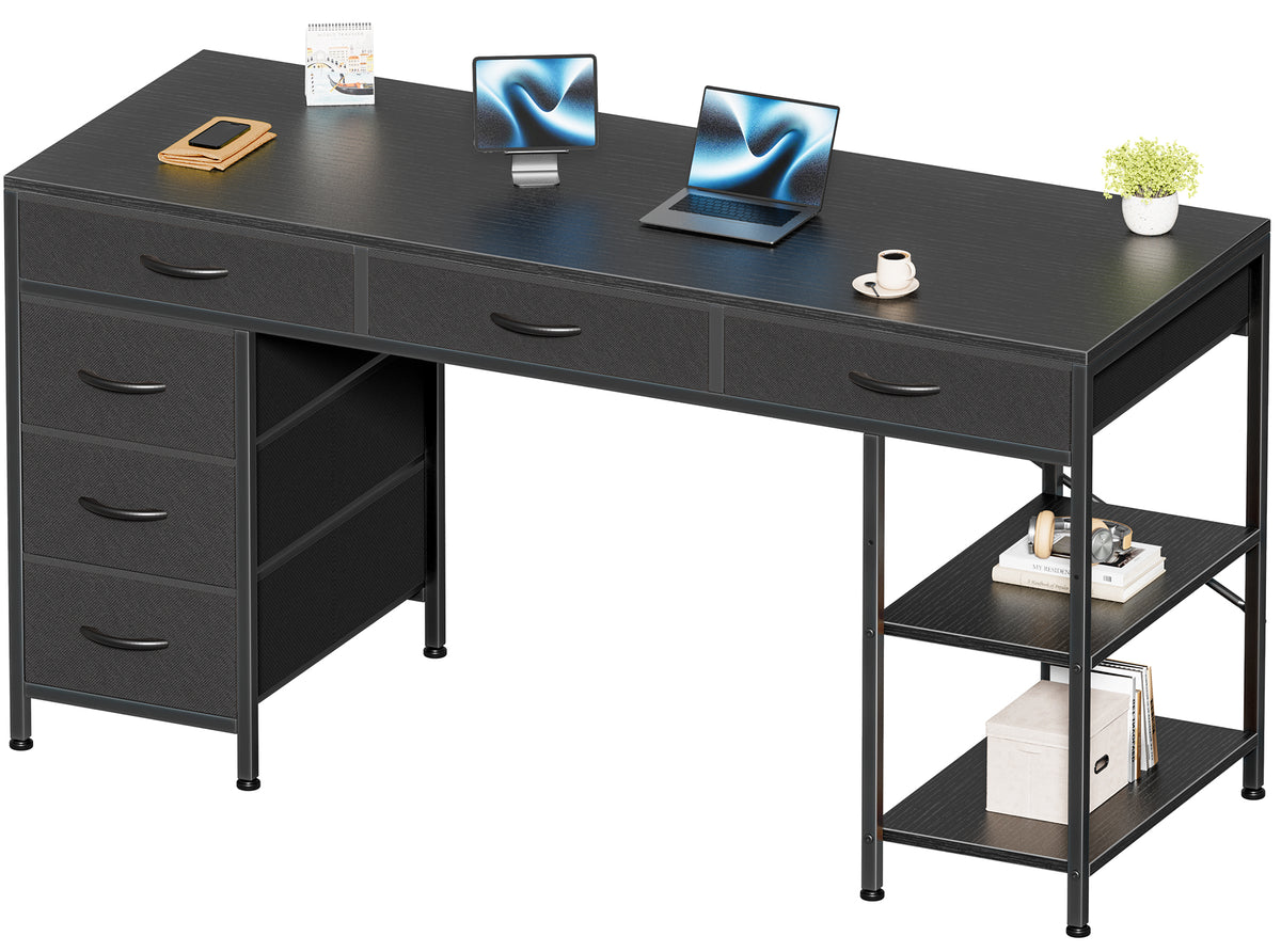 Amadwell 54" Desk with Drawers & Storage, Office Desk with Reversible Shelves, Gaming Computer Desk, Black