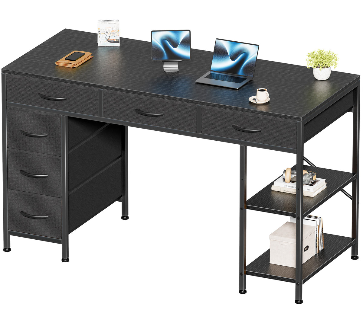 Amadwell 47" Desk with Drawers & Storage, Office Desk with Reversible Shelves, Gaming Computer Desk, Black