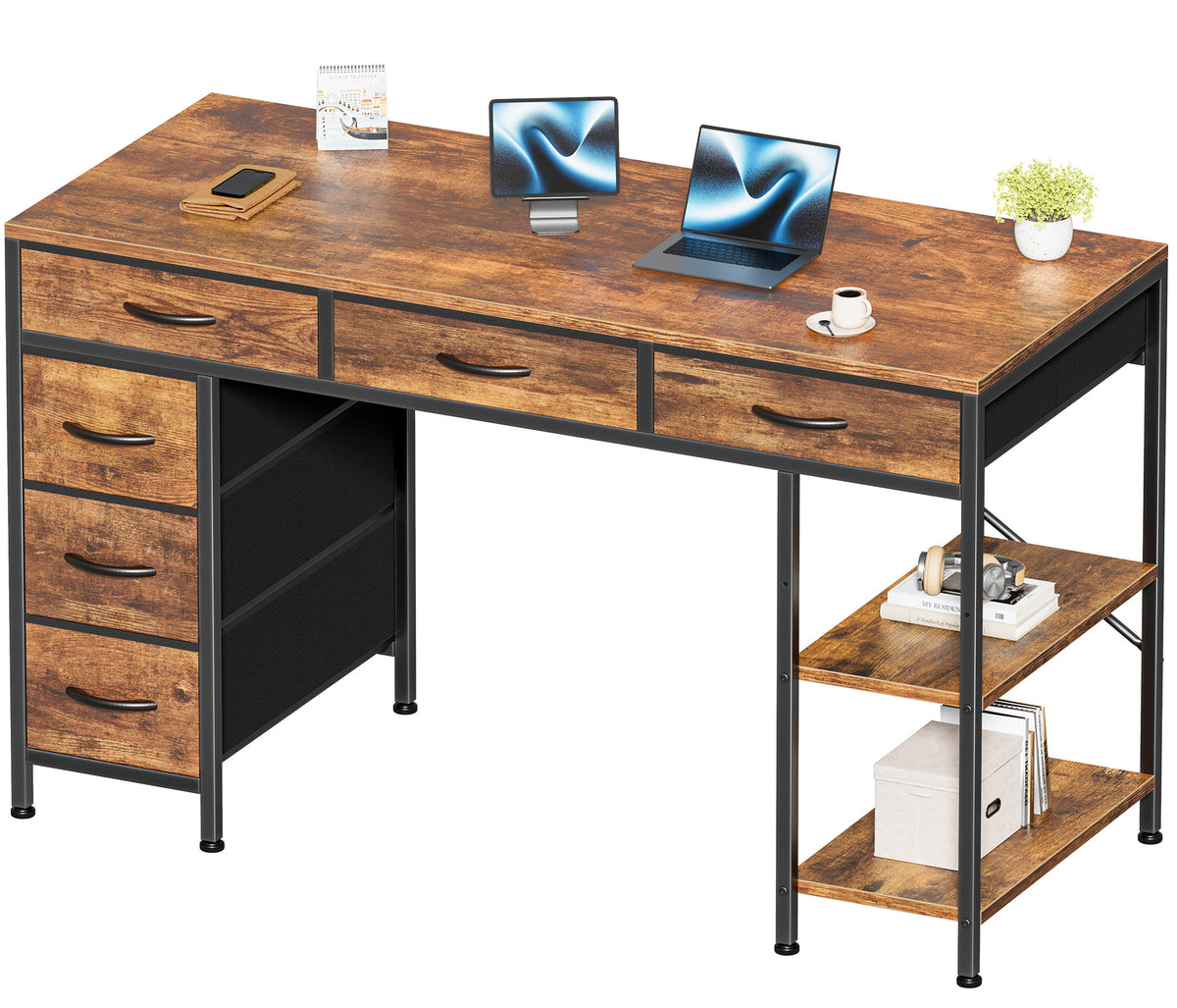 Amadwell 47" Desk with Drawers & Storage, Office Desk with Reversible Shelves, Gaming Computer Desk, Brown