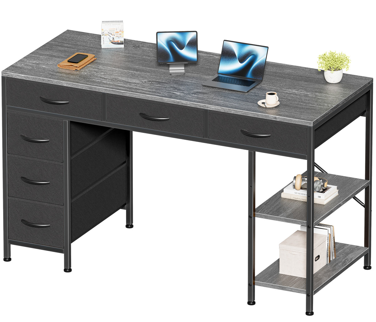 Amadwell 47" Desk with Drawers & Storage, Office Desk with Reversible Shelves, Gaming Computer Desk, Grey