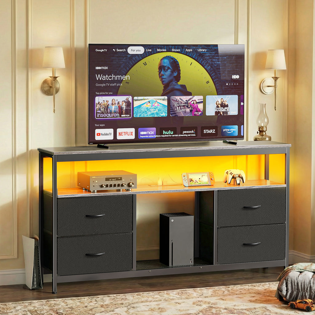 Amadwell TV Stand with Power Outlets & LED Lights, 4 Drawer Dresser Entertainment Center, Media Console with Open Shelf, Gray