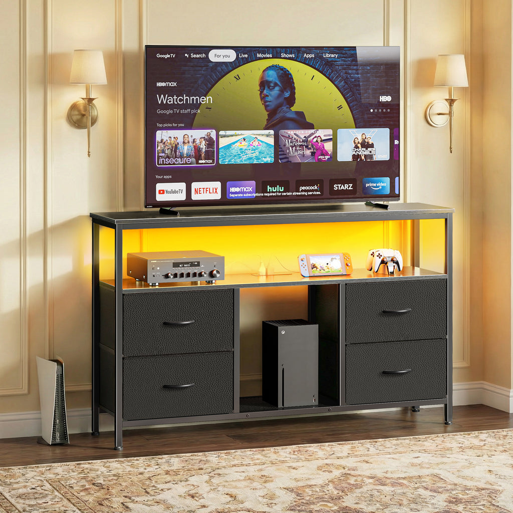 Amadwell TV Stand with Power Outlets & LED Lights, 4 Drawer Dresser Entertainment Center, Media Console with Open Shelf, Black