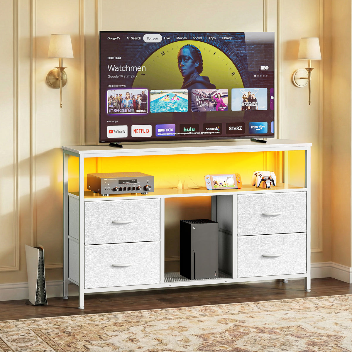 Amadwell TV Stand with Power Outlets & LED Lights, 4 Drawer Dresser Entertainment Center, Media Console with Open Shelf, White