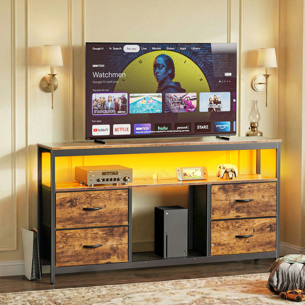 Amadwell TV Stand with Power Outlets & LED Lights, 4 Drawer Dresser Entertainment Center, Media Console with Open Shelf, Brown