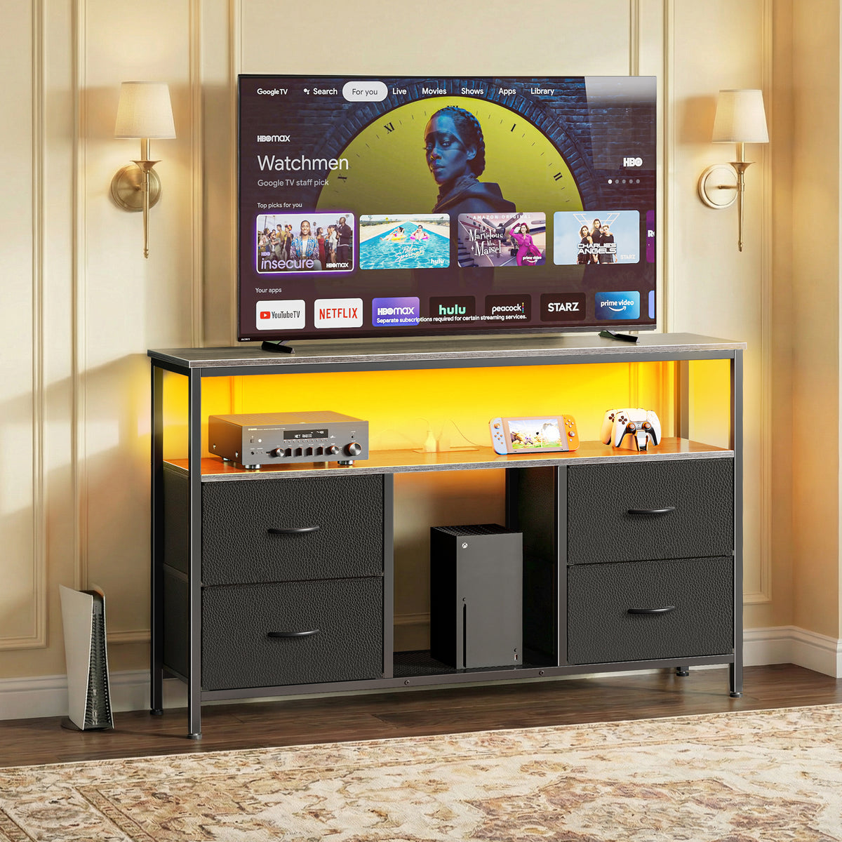 Amadwell TV Stand with Power Outlets & LED Lights, 4 Drawer Dresser Entertainment Center, Media Console with Open Shelf, Gray