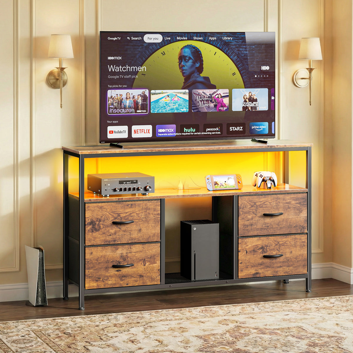 Amadwell TV Stand with Power Outlets & LED Lights, 4 Drawer Dresser Entertainment Center, Media Console with Open Shelf, Brown