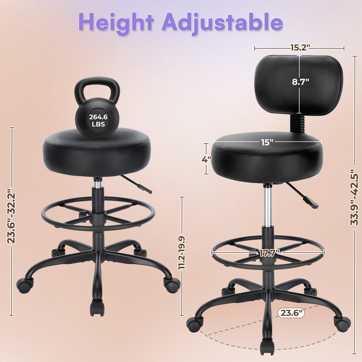 Amadwell Drafting Chair with Back Support, Adjustable Footrest Rolling Stool, Tall Office Desk Chair with Thick Cushion