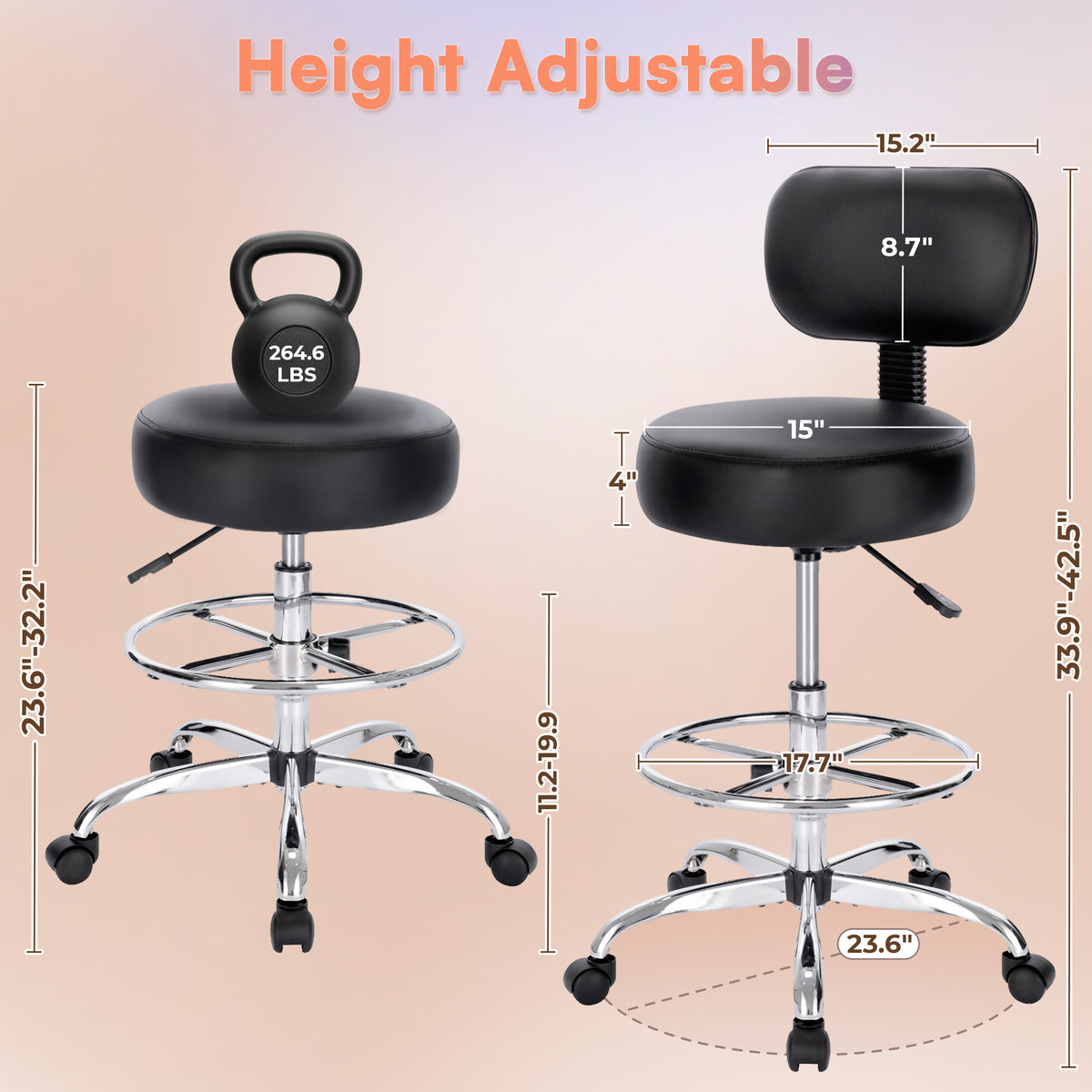 Amadwell Drafting Chair with Back Support, Adjustable Footrest Rolling Stool, Tall Office Desk Chair with Thick Cushion, Dark Black