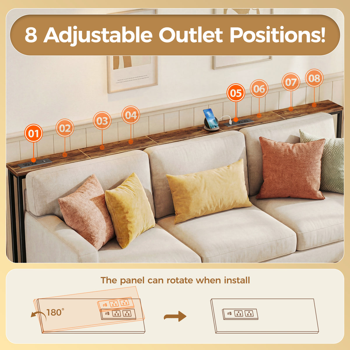 Amadwell 79" Narrow Sofa Console Table with Power Outlets, 5.9" Slim Side Table for Living Room, Entryway & Bedroom, Brown