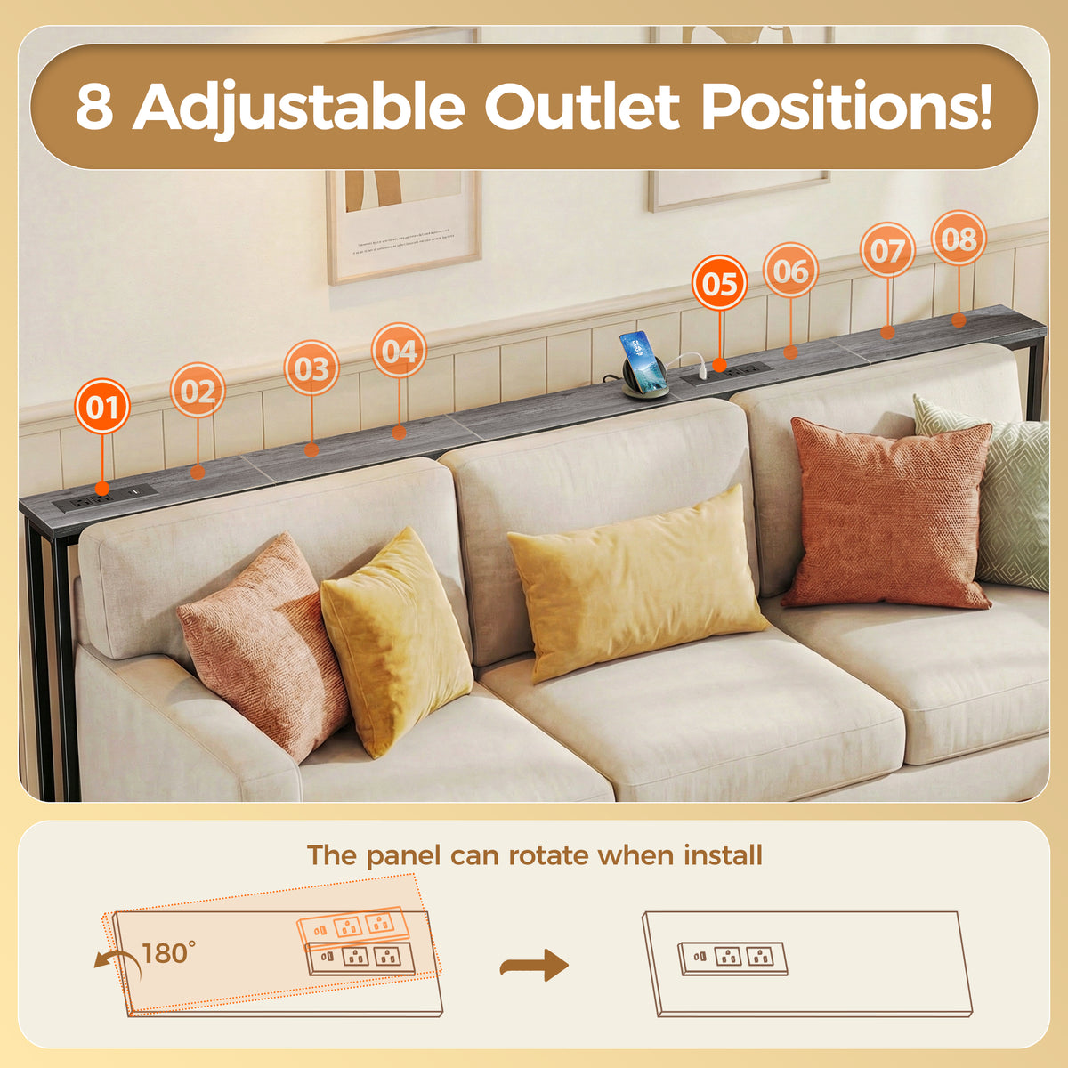 Amadwell 79" Narrow Sofa Console Table with Power Outlets, 5.9" Slim Side Table for Living Room, Entryway & Bedroom, Gray