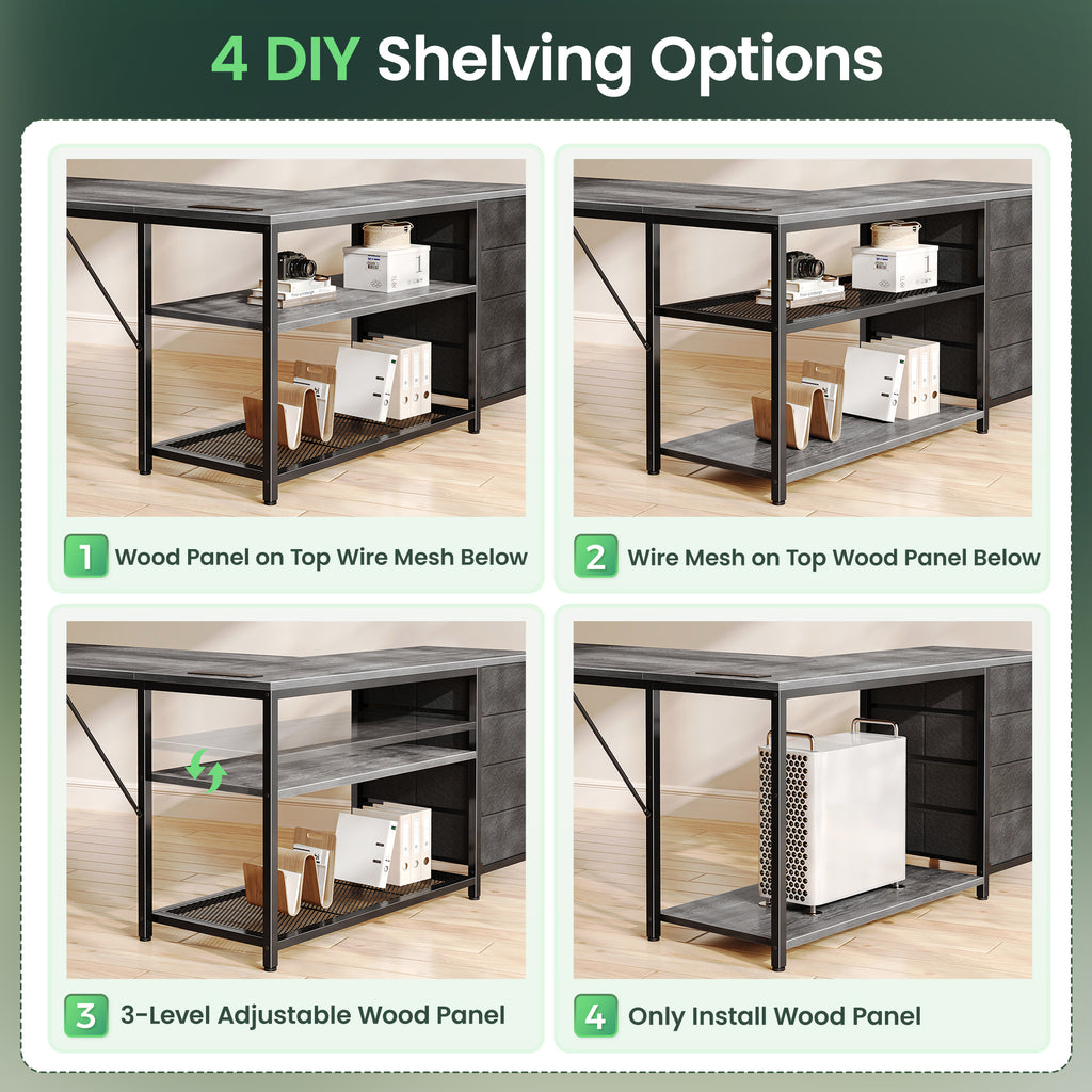 Amadwell 53 Inch L Shaped Desk with Power Outlets & Drawers, Reversible L-Shape Computer Desk, Gray