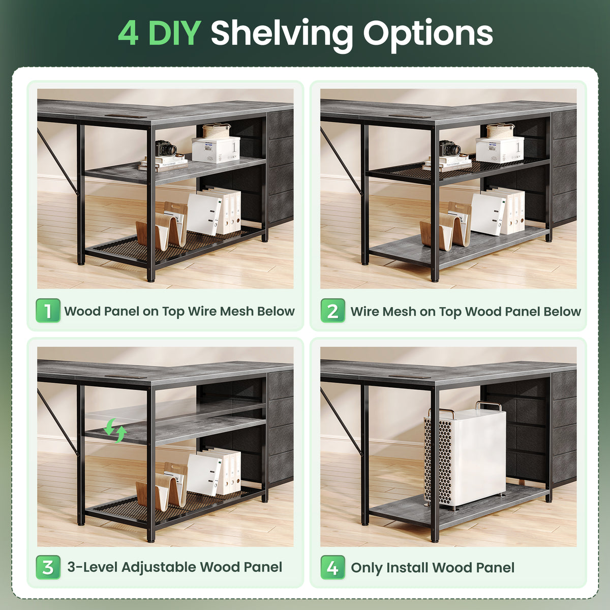 Amadwell 53 Inch L Shaped Desk with Power Outlets & Drawers, Reversible L-Shape Computer Desk, Gray