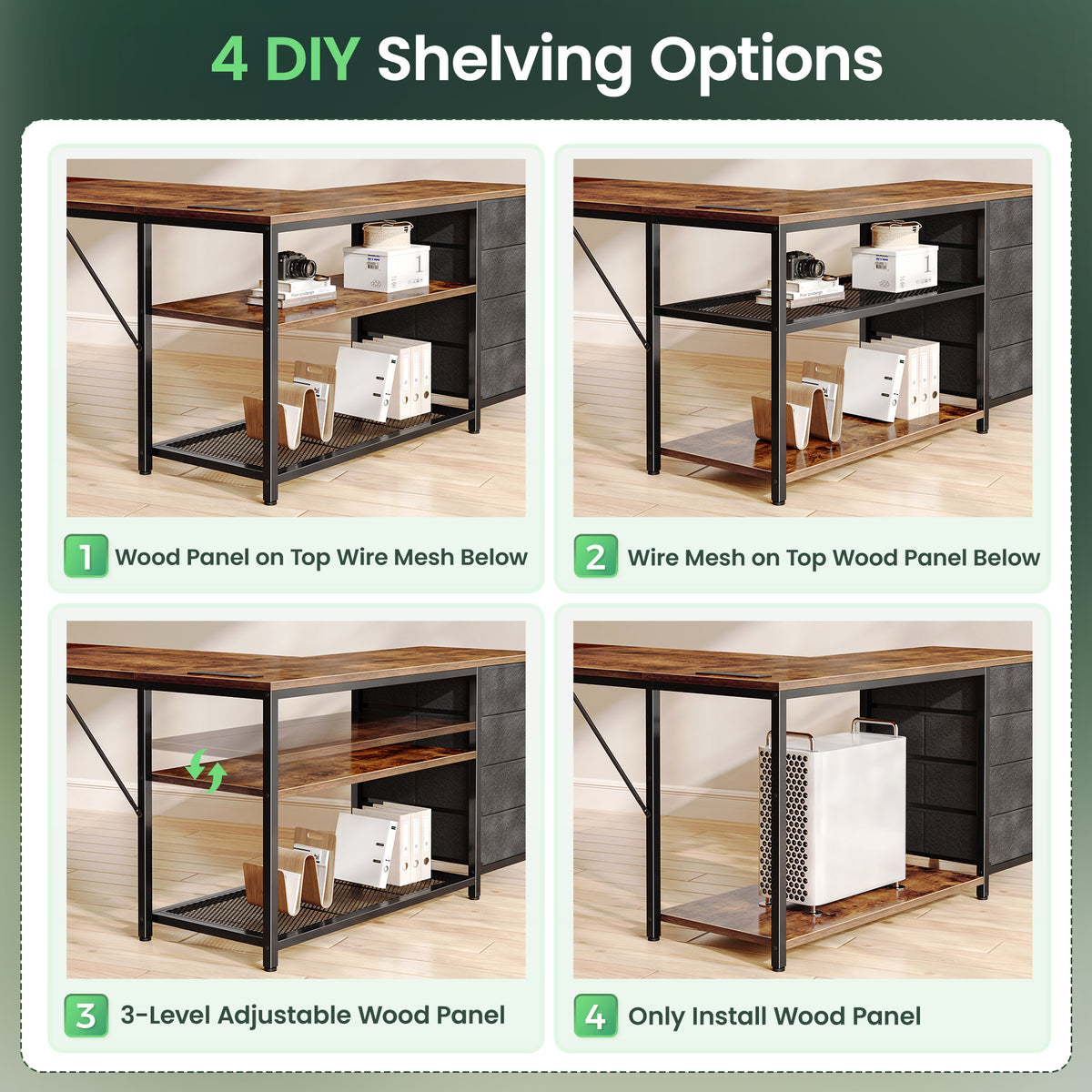 Amadwell 53 Inch L Shaped Desk with Power Outlets & Drawers, Reversible L-Shape Computer Desk, Brown