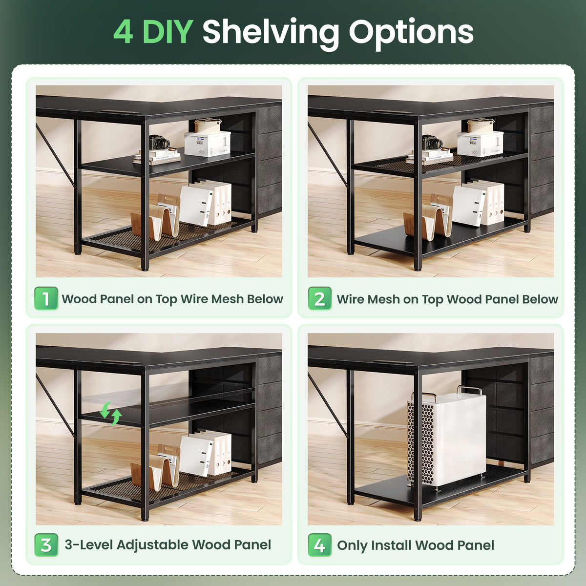 Amadwell 53 Inch L Shaped Desk with Power Outlets & Drawers, Reversible L-Shape Computer Desk, Black