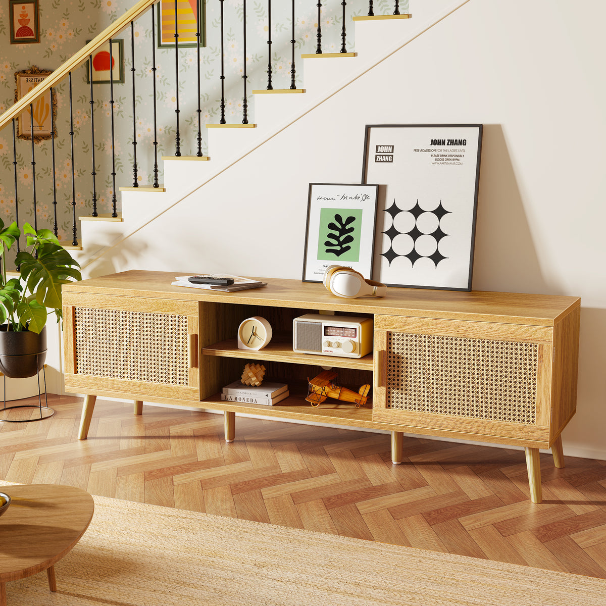 Amadwell Rattan TV Stand for 60" TVs, Adjustable Shelf, Natural Living Room Entertainment Center