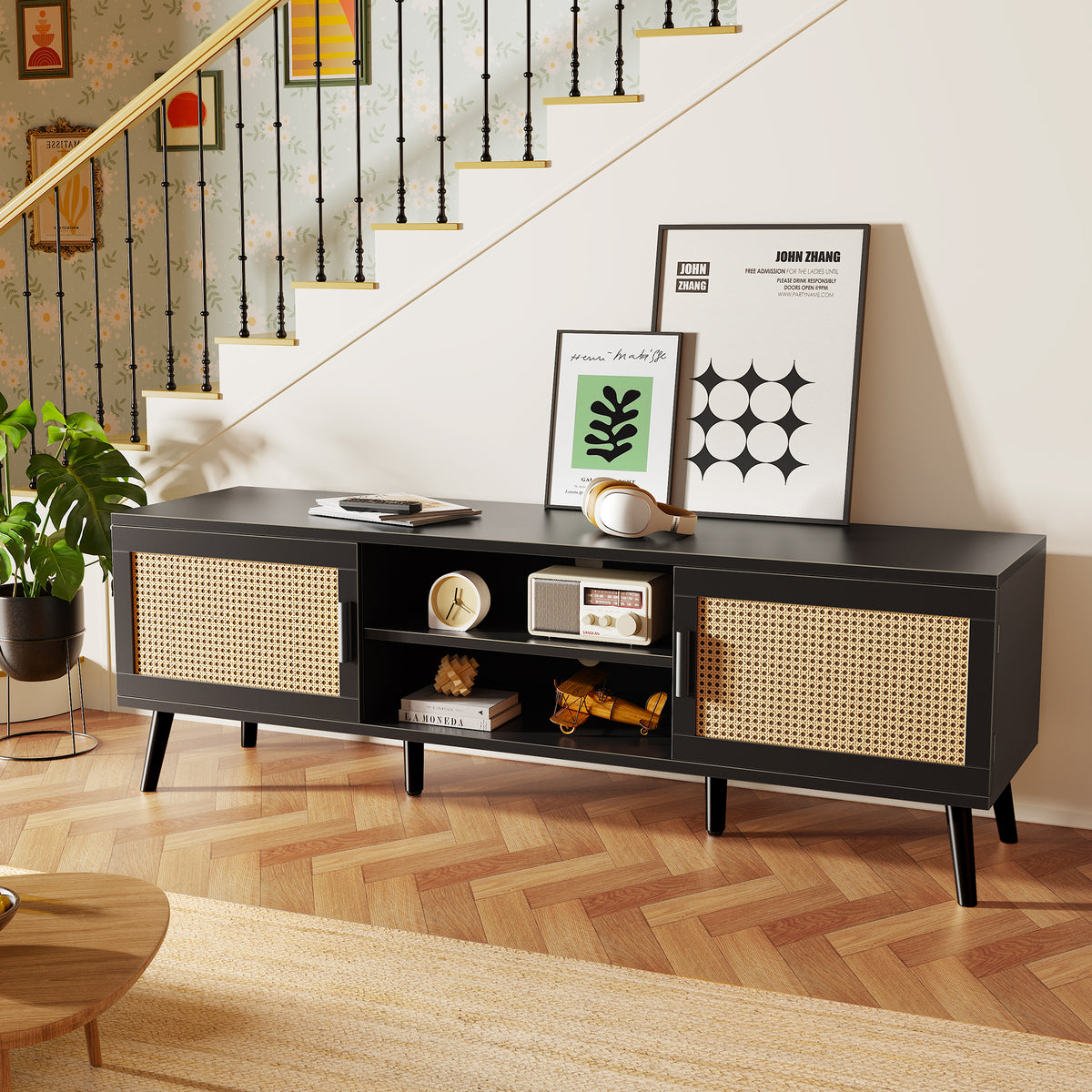 Amadwell Rattan TV Stand for 60" TVs, Adjustable Shelf, Natural Living Room Entertainment Center, Black