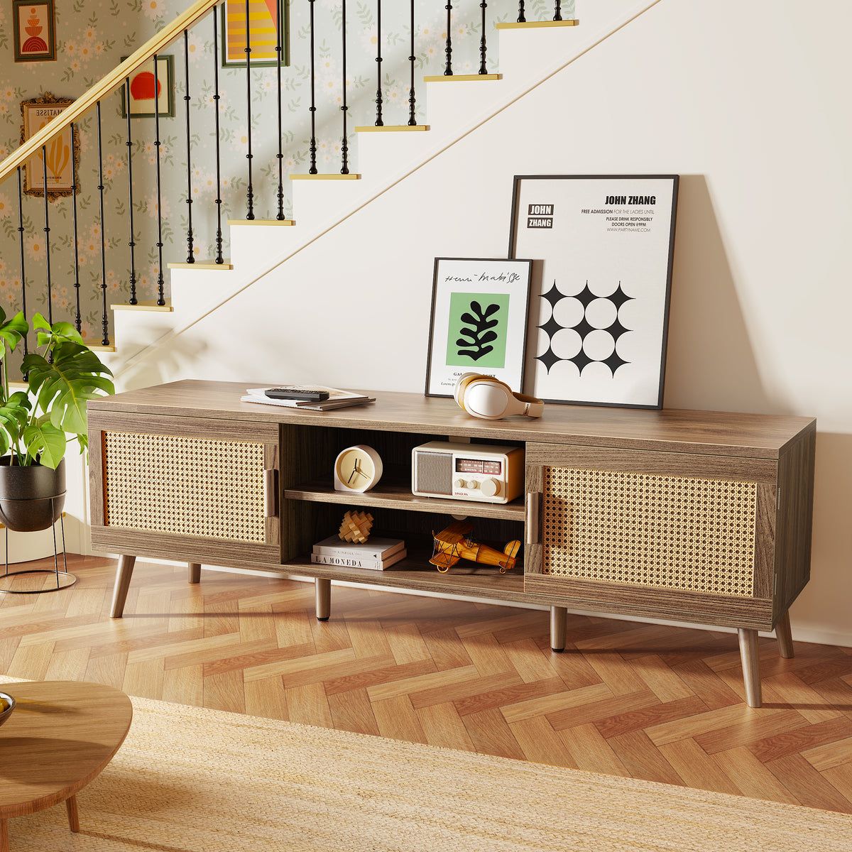 Amadwell Rattan TV Stand for 60" TVs, Adjustable Shelf, Natural Living Room Entertainment Center, Brown