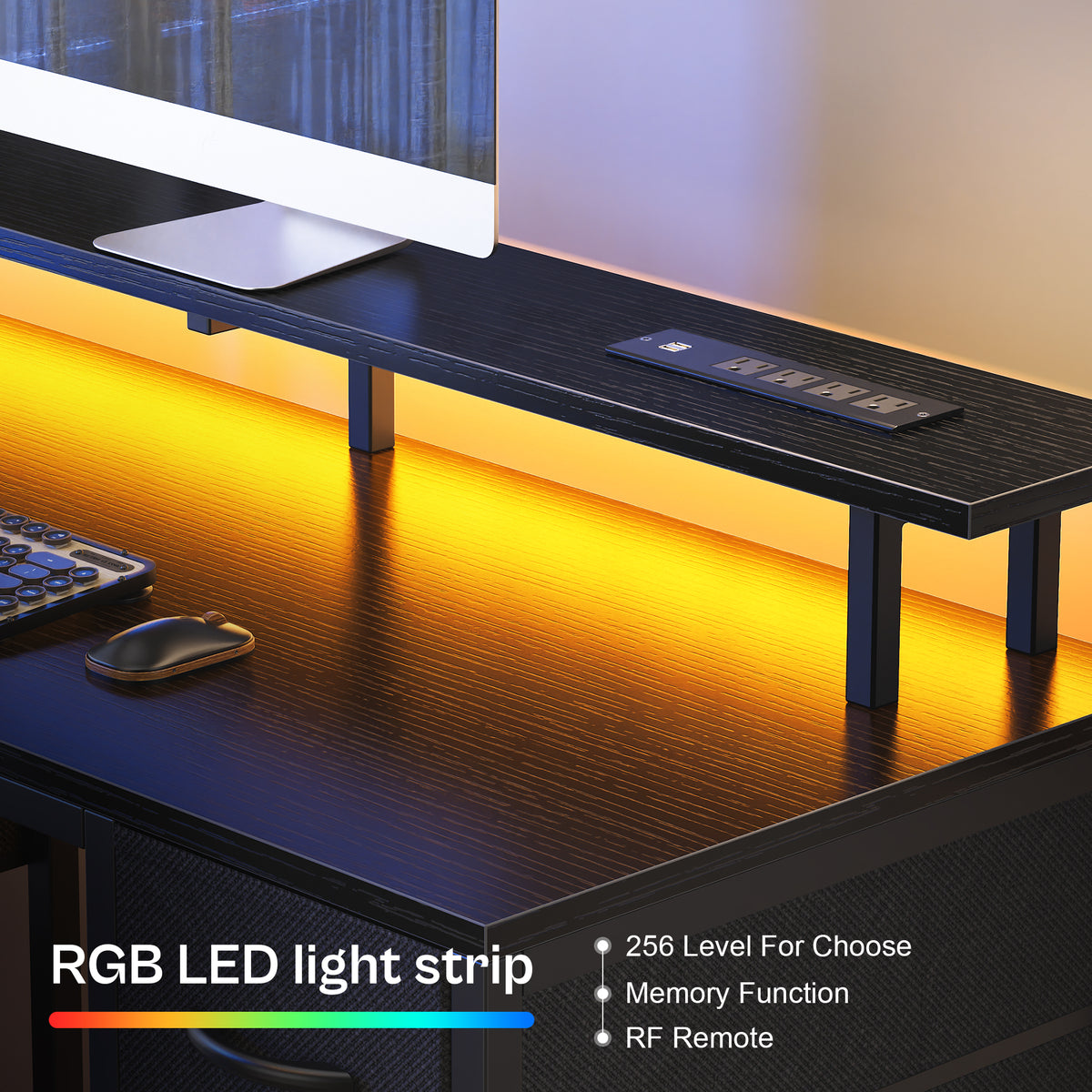 Amadwell 55" Gaming Computer Desk with LED Lights, Power Outlets, Home Office Writing Desk with 4 Drawers, Black