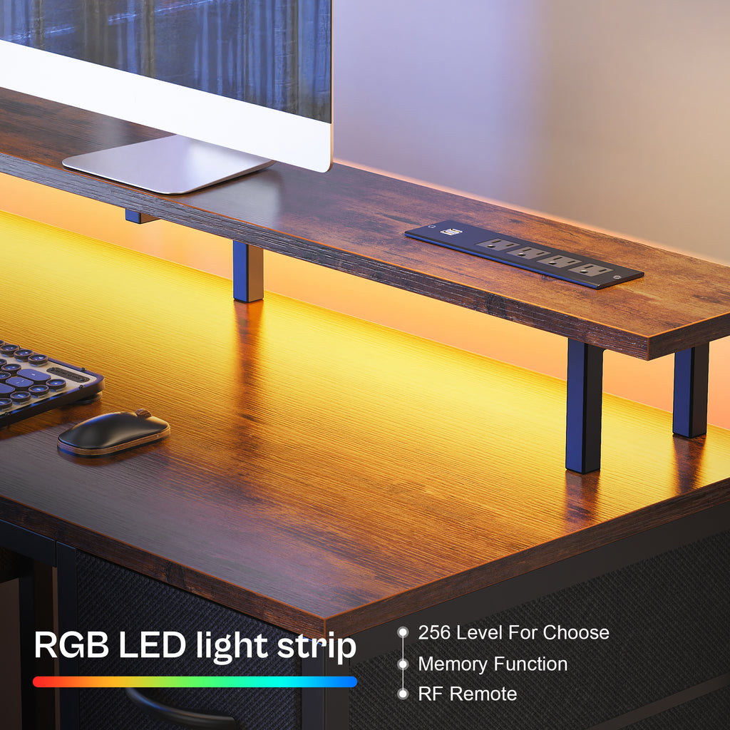 Amadwell 55" Gaming Computer Desk with LED Lights, Power Outlets, Home Office Writing Desk with 4 Drawers, Rustic Brown