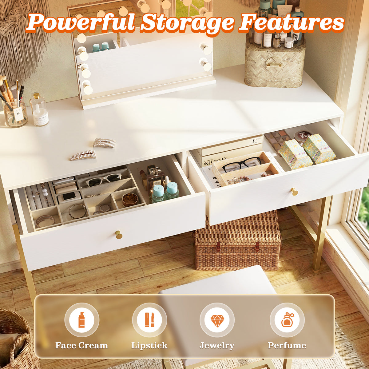 Amadwell 39 Inch White Vanity Desk with 2 Drawers, Small Makeup Vanity Computer Desk for Bedroom, Gold