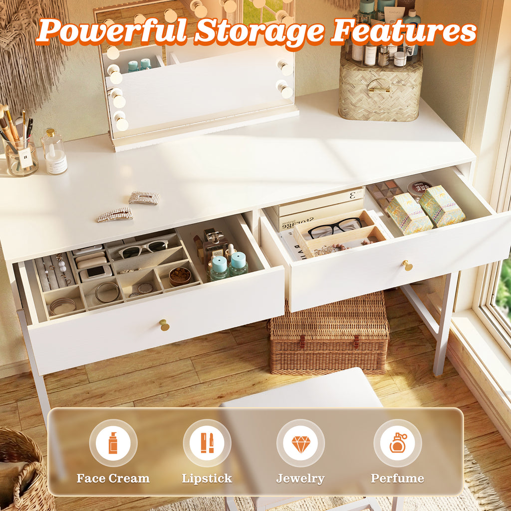 Amadwell 35.4 Inches White and Gold Desk with 2 Drawers, Vanity Desk with Padded Stool, Bedroom, White