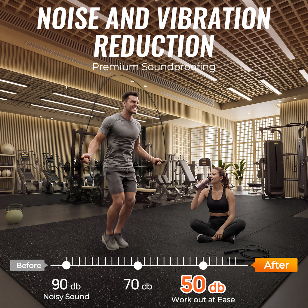 Amadwell 0.4" Thick 192 Sq Ft Gym Flooring for Home Gym, 48Tiles Upgraded Rubber Top with High Density EVA Foam, Interlocking Exercise Equipment Mats, Heavy Weight Workout Mat, Black/Grey