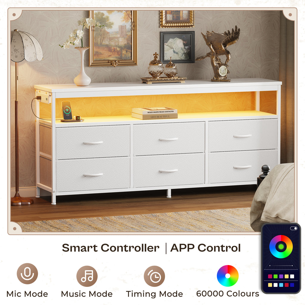 Amadwell 54 Inch LED TV Stand Dresser for 65 Inch TVs, 6 Drawer Entertainment Center with Power Outlets, Media Console with Storage, White