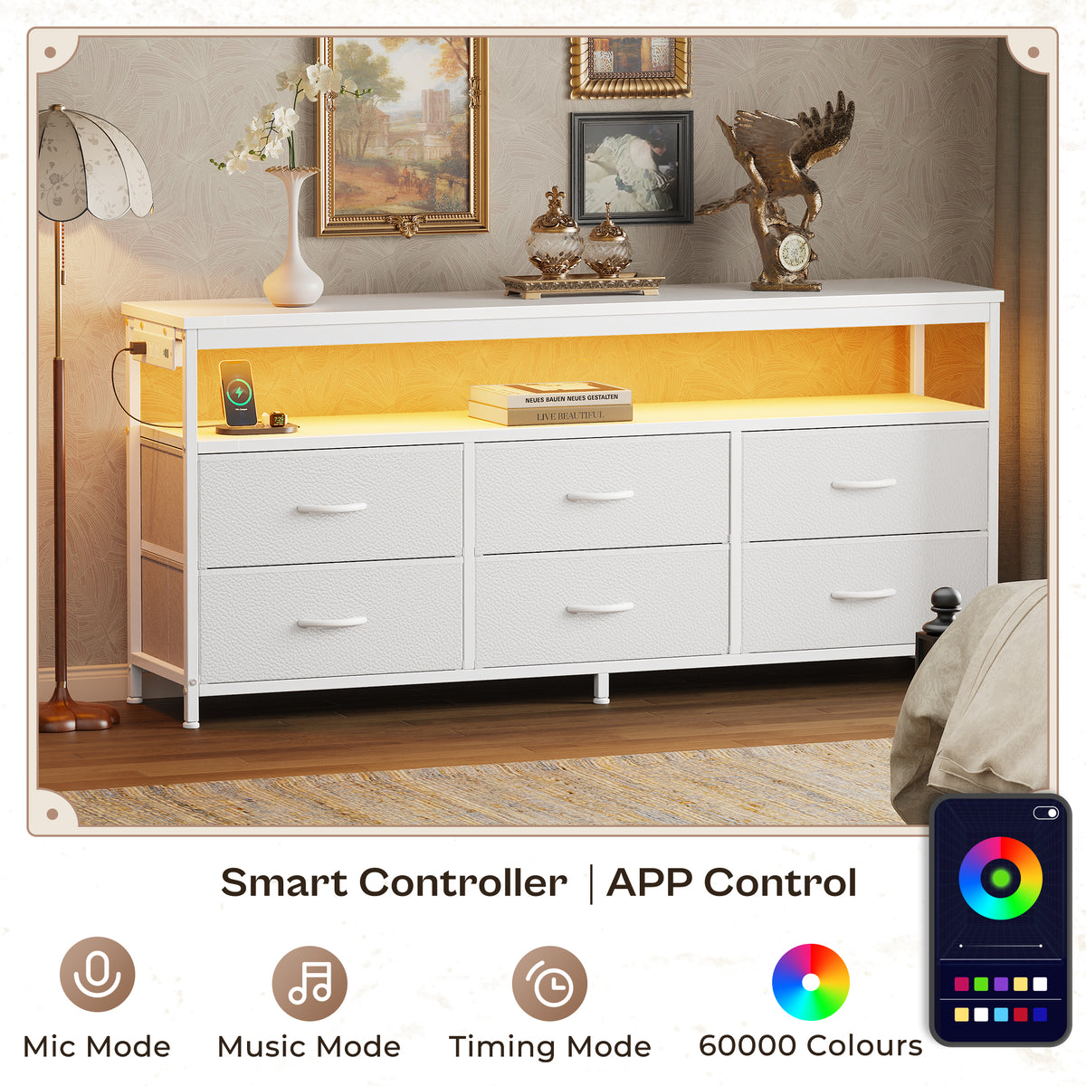 Amadwell 54 Inch LED TV Stand Dresser for 65 Inch TVs, 6 Drawer Entertainment Center with Power Outlets, Media Console with Storage, White