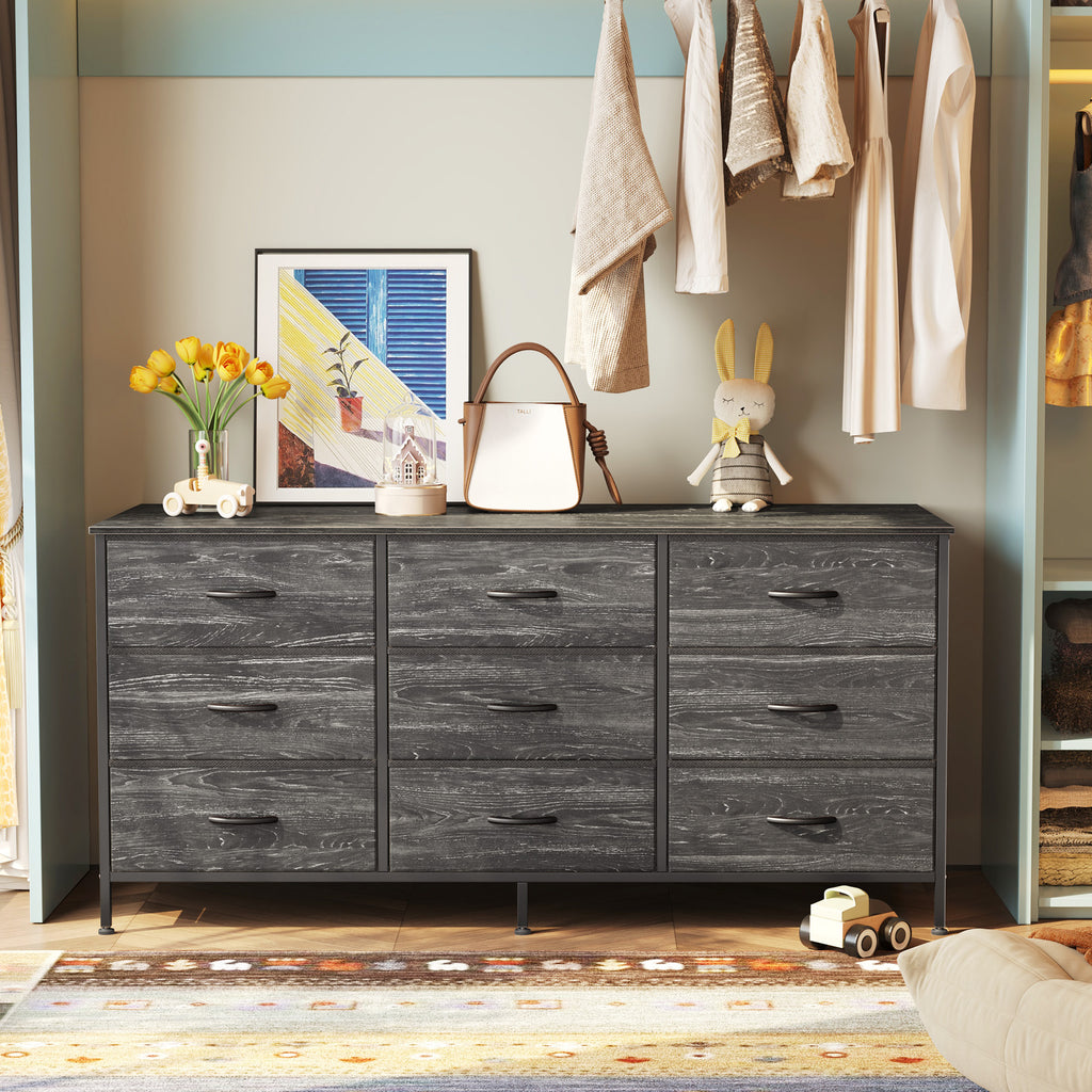 9 Drawer Bedroom Dresser with Storage, 47 Inch TV Stand for 50, 55 Inch TV, Fabric Chest for Closet, Charcoal Black Wood Grain Print